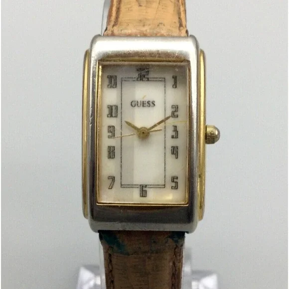 Vintage Guess Watch Women 20mm Gold Tone Tank 1993 Leather Band New Battery - Picture 1 of 13